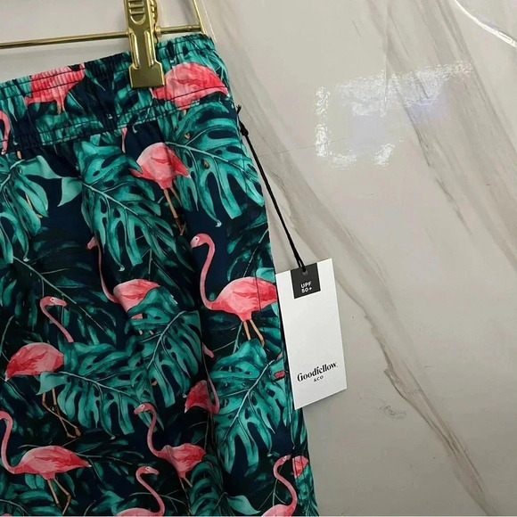 Swim Trunks Flamingos Print 7" Inseam Built-In Mesh Brief Side Pockets UPF 50+ - Picture 4 of 9